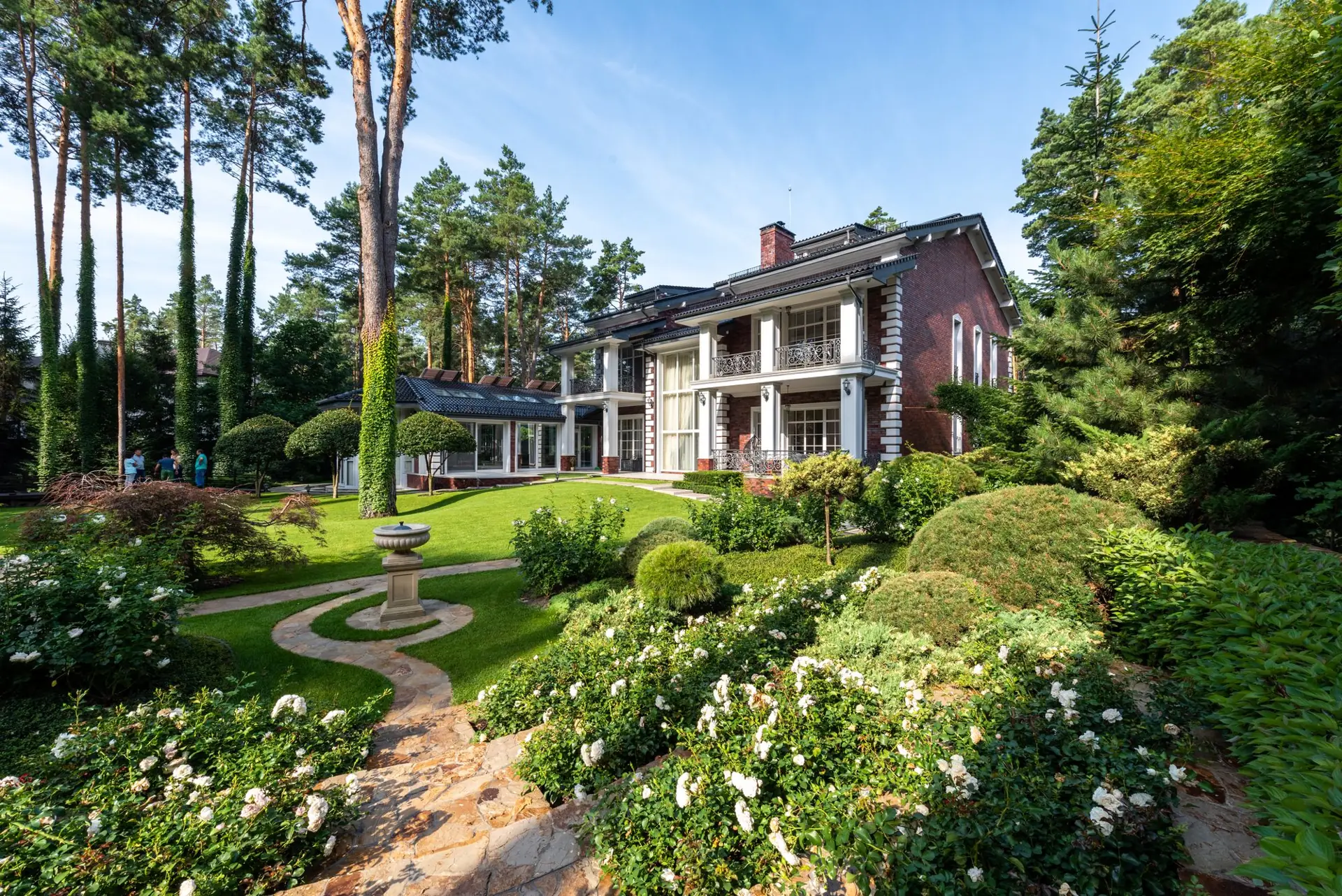 Curving garden path through lush borders of white roses and clipped shrubs towards a large house